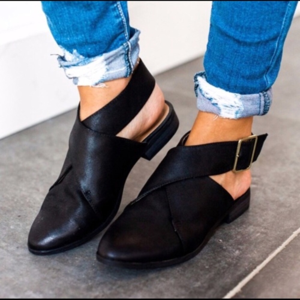 Black wrap buckle flats